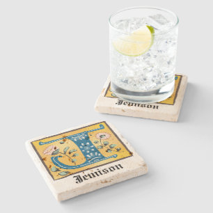 Medieval Floral Illuminated Letter J Monogram Stone Coaster