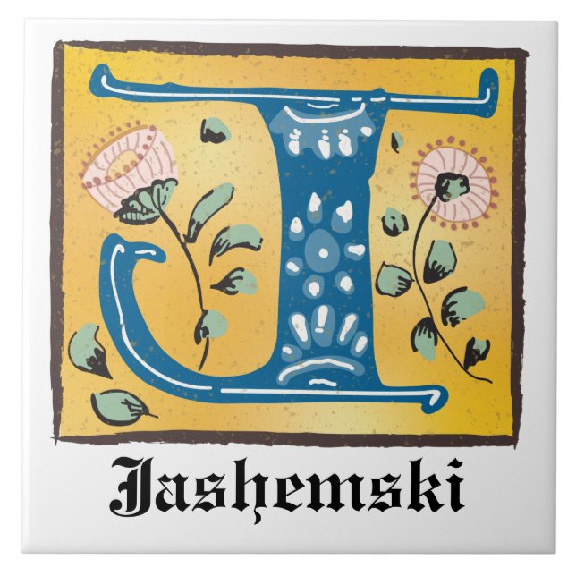 Medieval Floral Illuminated Letter J Monogram Tile (Front)