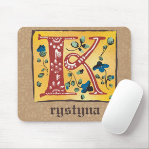 Medieval Floral Illuminated Letter K Monogram Mouse Pad