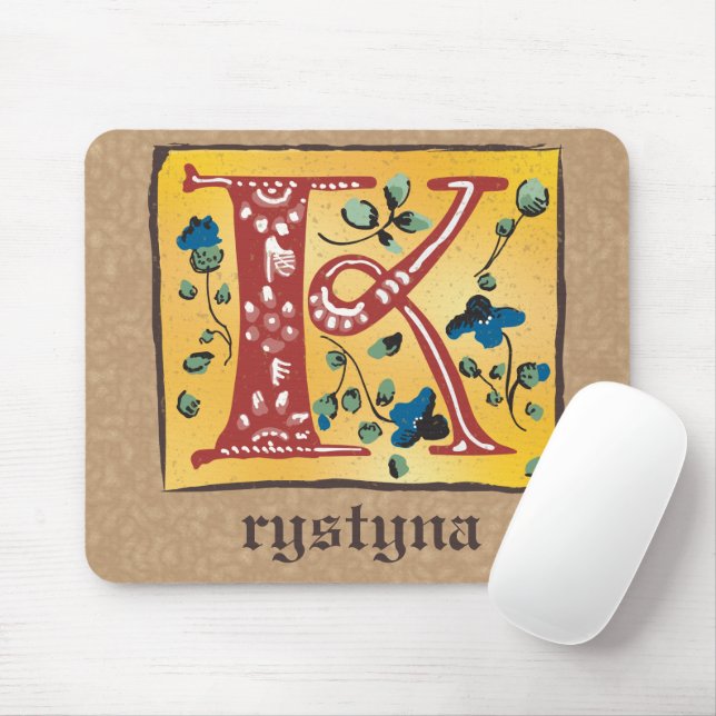 Medieval Floral Illuminated Letter K Monogram Mouse Pad (With Mouse)