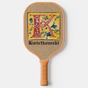 Medieval Floral Illuminated Letter K Monogram Pickleball Paddle