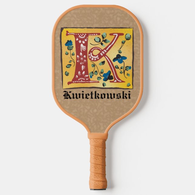 Medieval Floral Illuminated Letter K Monogram Pickleball Paddle (Front)