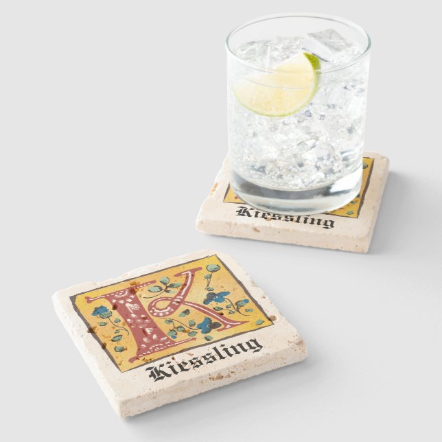 Medieval Floral Illuminated Letter K Monogram Stone Coaster (Side)