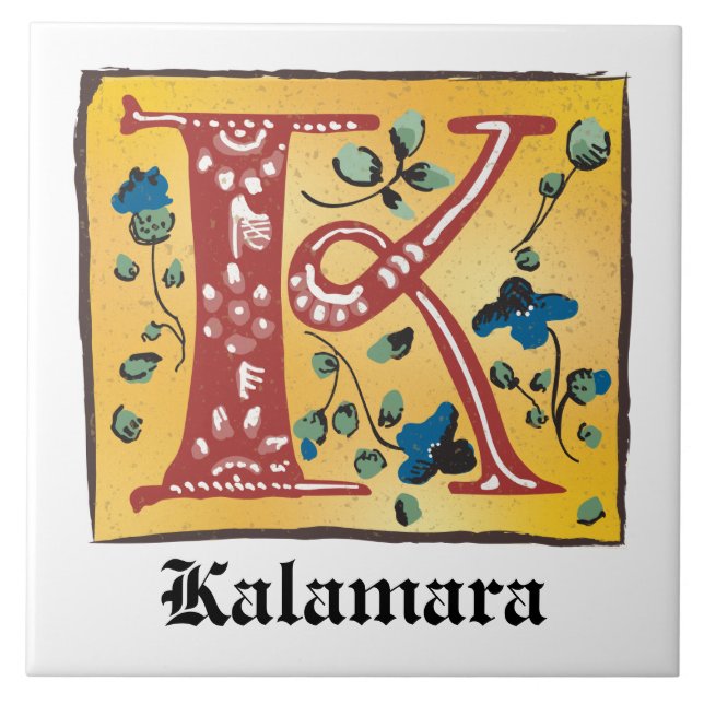 Medieval Floral Illuminated Letter K Monogram Tile (Front)
