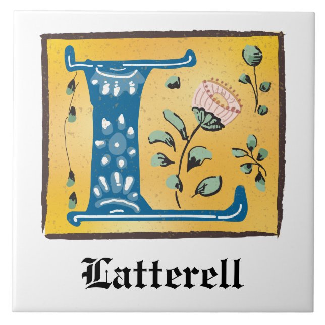 Medieval Floral Illuminated Letter L Monogram Tile (Front)