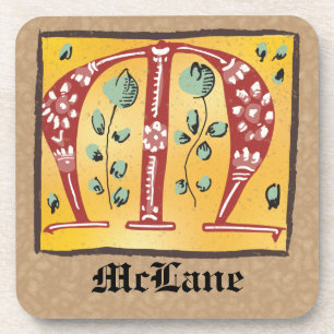 Medieval Floral Illuminated Letter M Monogram Coaster