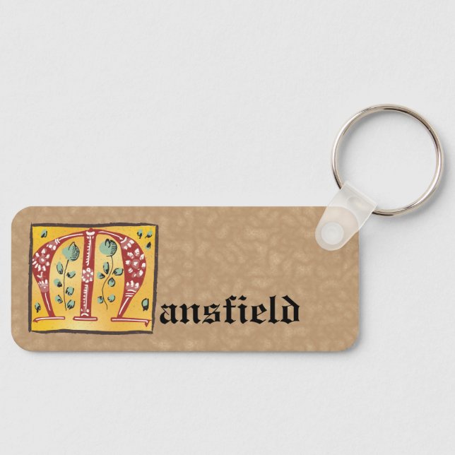 Medieval Floral Illuminated Letter M Monogram Keychain (Front)