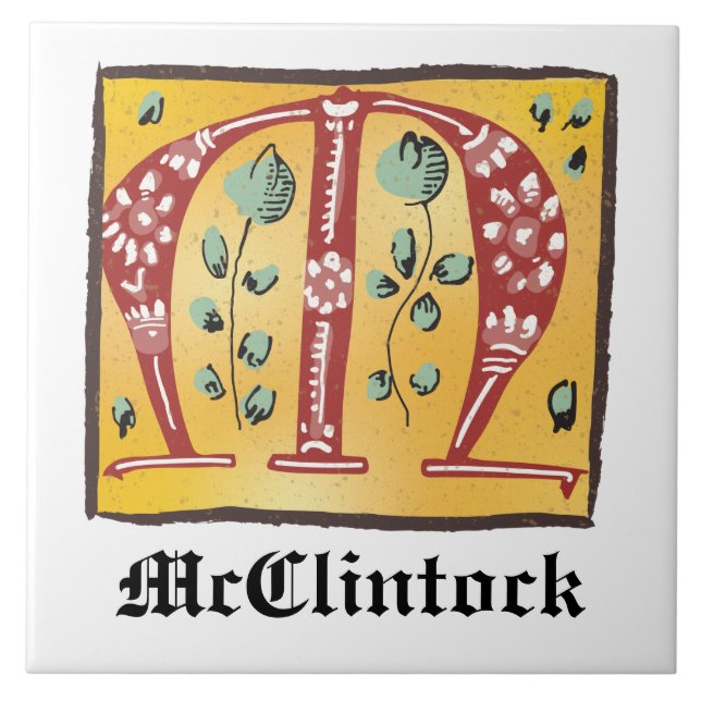 Medieval Floral Illuminated Letter M Monogram Tile (Front)