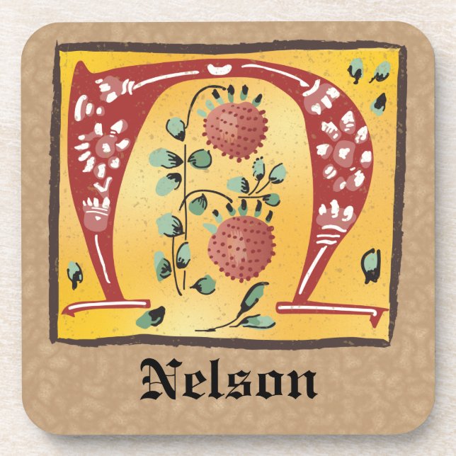Medieval Floral Illuminated Letter N Monogram Coaster (Front)