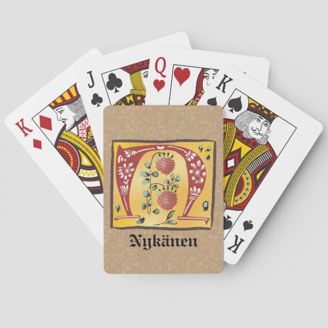 Medieval Floral Illuminated Letter N Monogram Playing Cards (Back)
