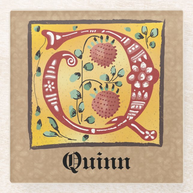 Medieval Floral Illuminated Letter Q Monogram Glass Coaster (Front)