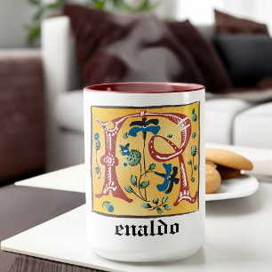 Medieval Floral Illuminated Letter R Monogram Mug