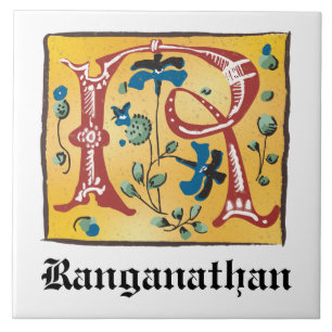 Medieval Floral Illuminated Letter R Monogram Tile