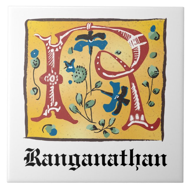 Medieval Floral Illuminated Letter R Monogram Tile (Front)