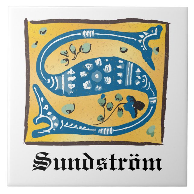 Medieval Floral Illuminated Letter S Monogram Tile (Front)
