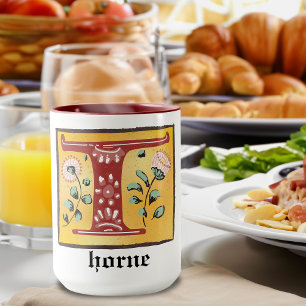 Medieval Floral Illuminated Letter T Monogram Mug
