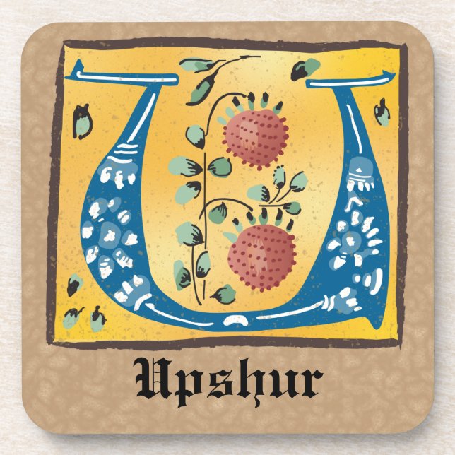 Medieval Floral Illuminated Letter U Monogram Coaster (Front)