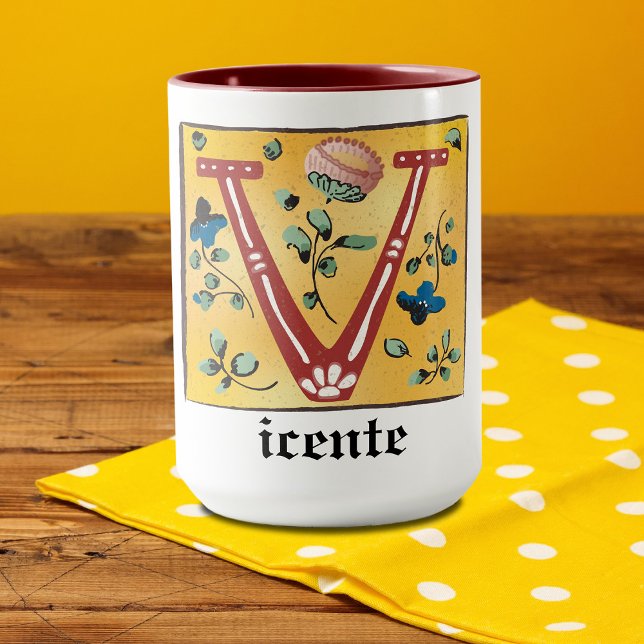 Medieval Floral Illuminated Letter V Monogram Mug (Creator Uploaded)
