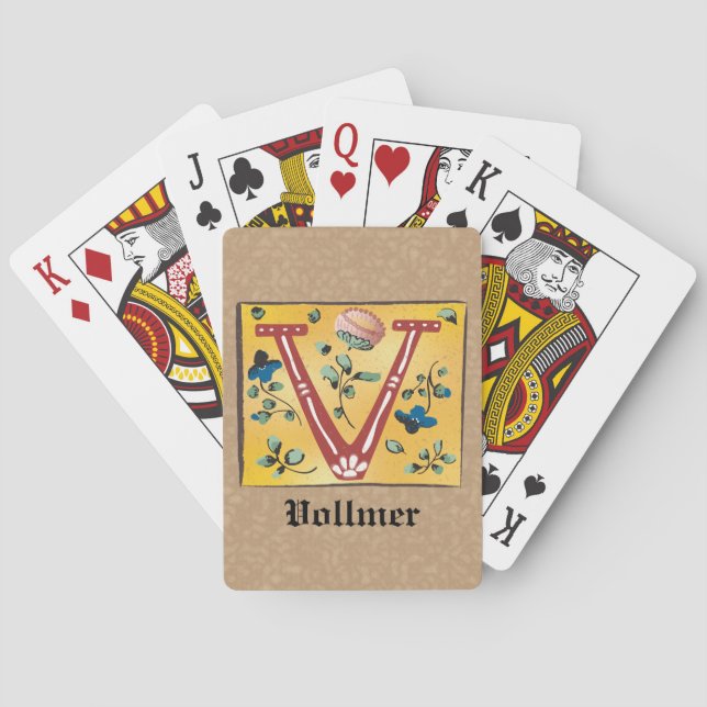 Medieval Floral Illuminated Letter V Monogram Playing Cards (Back)