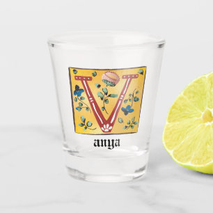 Medieval Floral Illuminated Letter V Monogram Shot Glass