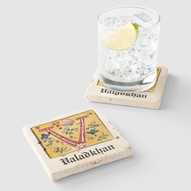 Medieval Floral Illuminated Letter V Monogram Stone Coaster (Side)