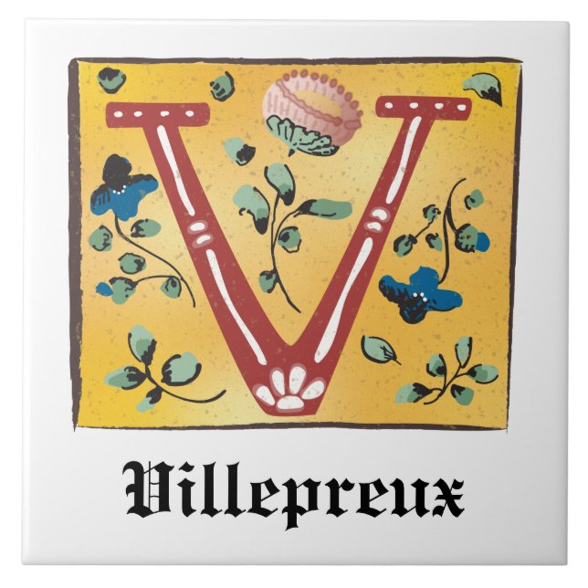 Medieval Floral Illuminated Letter V Monogram Tile (Front)