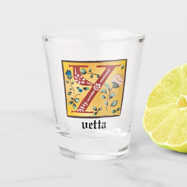 Medieval Floral Illuminated Letter Y Monogram Shot Glass (Front)