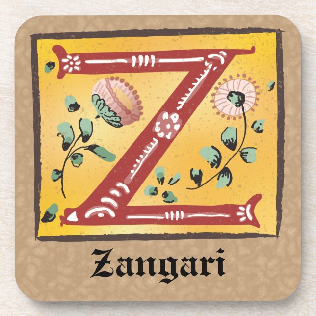 Medieval Floral Illuminated Letter Z Monogram Coaster (Front)