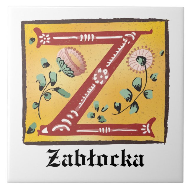 Medieval Floral Illuminated Letter Z Monogram Tile (Front)