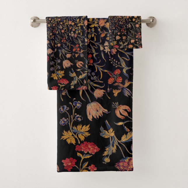Medieval Flowers on Black Bath Towel Set (Insitu)