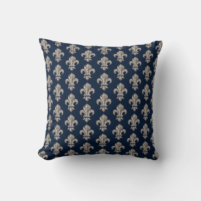 Medieval French Fleur de Lis Navy Throw Pillow (Front)