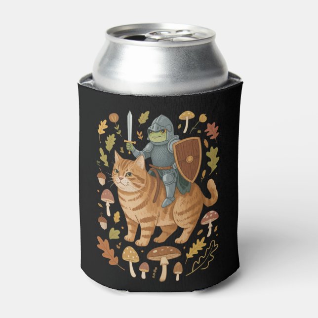 Medieval Frog on Orange Cat Goblincore Weird Stuff Can Cooler (Can Front)