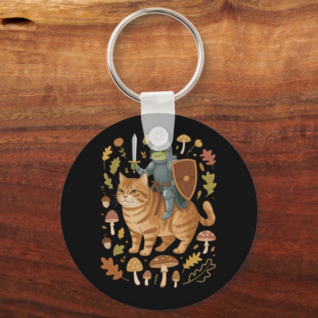 Medieval Frog on Orange Cat Goblincore Weird Stuff Keychain (Front)