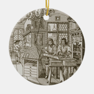Medieval German printing press (engraving) Ceramic Ornament