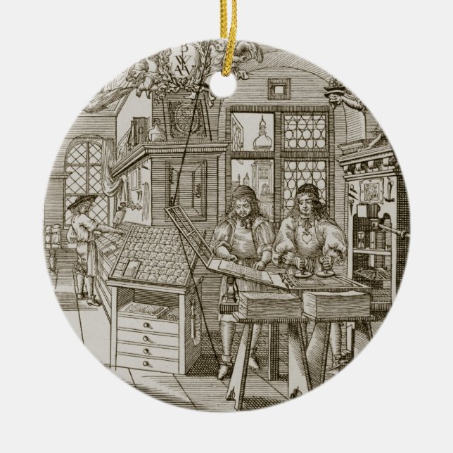 Medieval German printing press (engraving) Ceramic Ornament (Front)