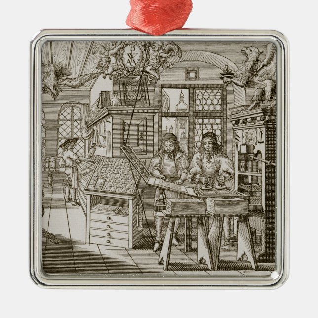 Medieval German printing press (engraving) Metal Ornament (Front)