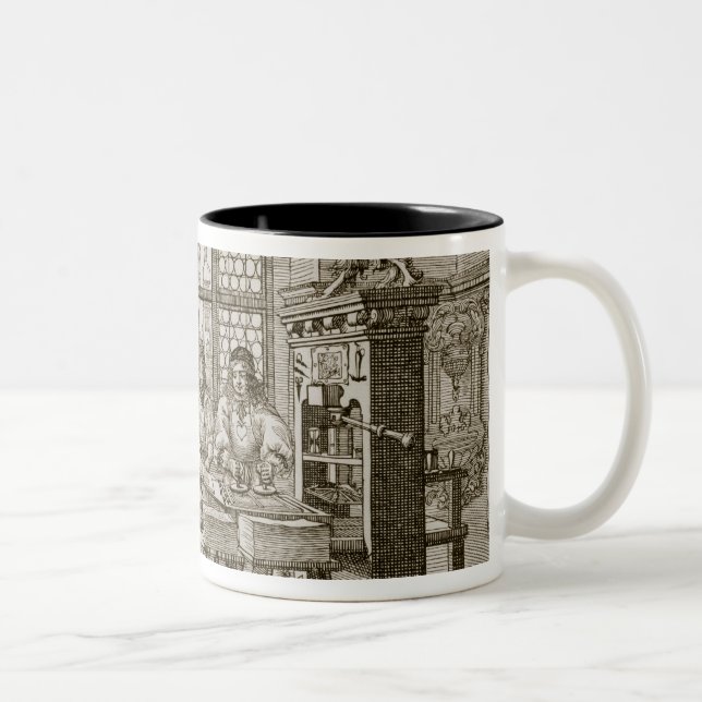 Medieval German printing press (engraving) Two-Tone Coffee Mug (Right)