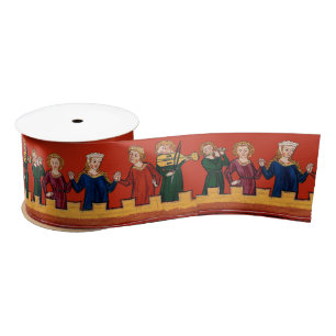 Medieval Girls Dancing and Playing Music Crimson Satin Ribbon
