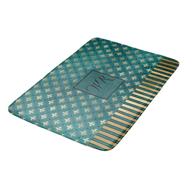 Medieval Gold Armour Teal Elegant Luxury Monogram Bath Mat (Angled)