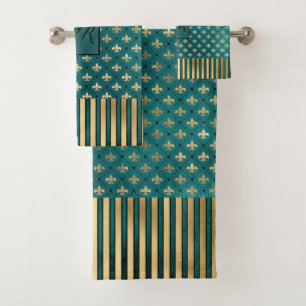 Medieval Gold Armour Teal Elegant Pattern Monogram Bath Towel Set