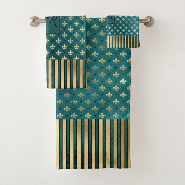 Medieval Gold Armour Teal Elegant Pattern Monogram Bath Towel Set (Insitu)