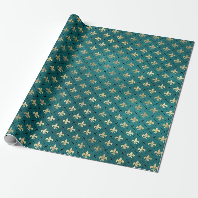 Medieval Gold Armour Teal Elegant Pattern Wrapping Paper (Unrolled)
