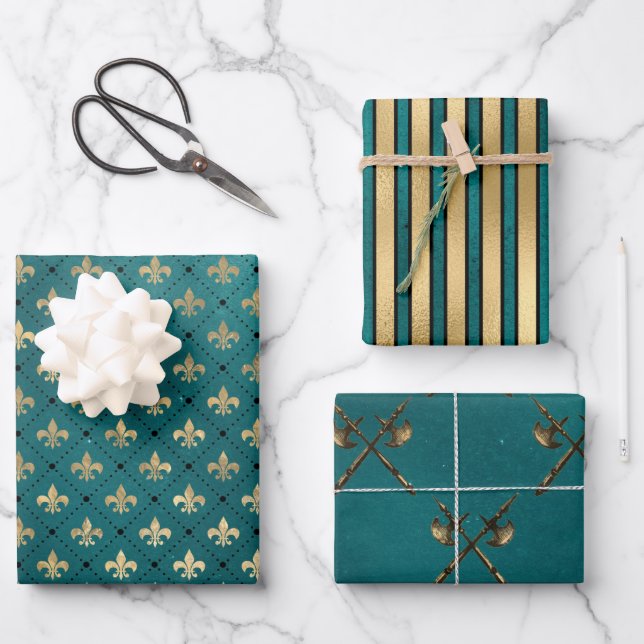 Medieval Gold Armour Teal Elegant Pattern Wrapping Paper Sheet (Front)