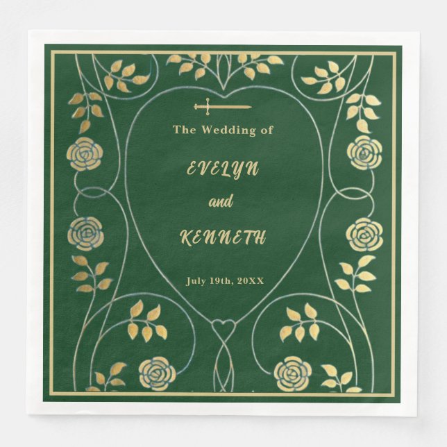 Medieval Gold Floral Hearts and Sword Wedding  Napkin (Front)