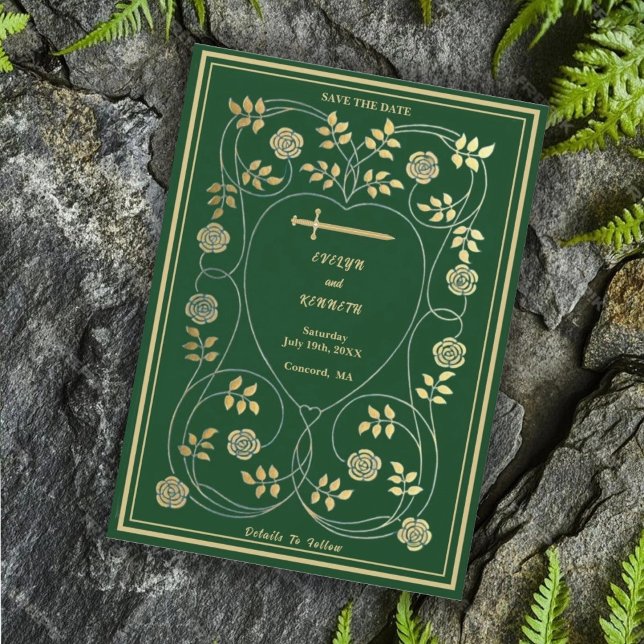 Medieval Gold Floral Hearts and Sword Wedding Save The Date (Creator Uploaded)