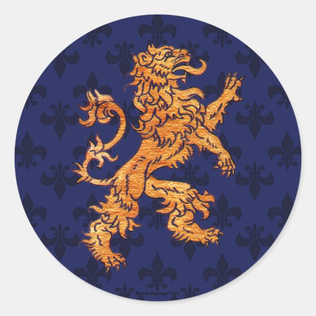 Medieval Gold Lion Blue Fleur de Lis Classic Round Sticker (Front)