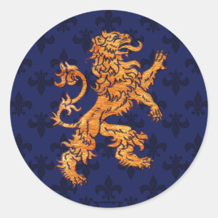 Medieval Gold Lion Blue Fleur de Lis Classic Round Sticker