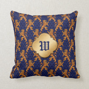 Medieval Gold Lion Blue Fleur de Lis Throw Pillow