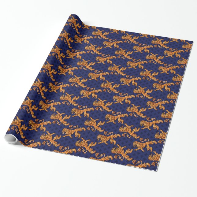 Medieval Gold Lion Blue Fleur de Lis Wrapping Paper (Unrolled)