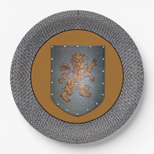 Medieval Gold Lion Grey Chainmail Paper Plate (Front)